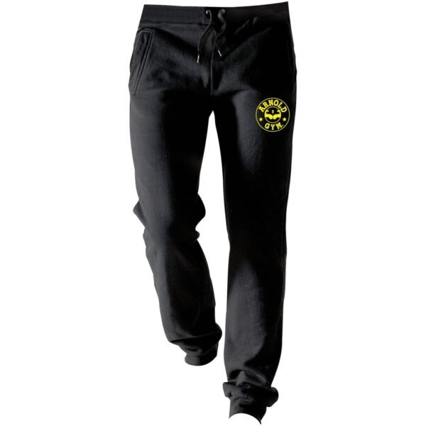 Black men's workout joggers featuring Arnold Gym logo and tapered fit. Men's Workout Joggers - mens fitness bodybuilding gym black sweat pants