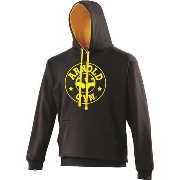 Arnold Gym Classic Bodybuilding Training Hoodie in black with contrast gold yellow hood lining and large gold logo print