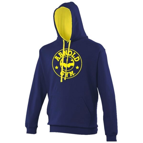 Arnold Gym Classic Bodybuilding Training Hoodie in navy blue with contrast gold yellow hood lining and large yellow logo print