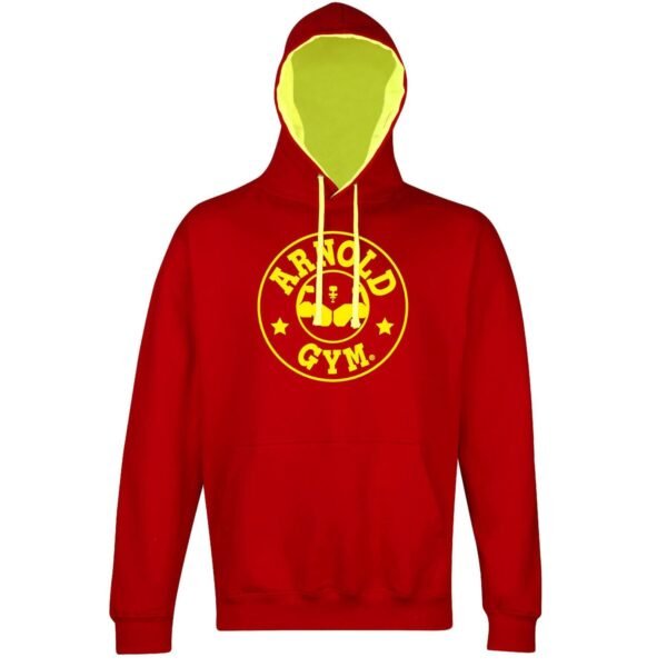 Arnold Gym Classic Bodybuilding Training Hoodie in red with contrast gold yellow hood lining and large gold yellow logo print