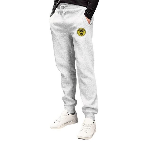Grey men's fitness joggers with tapered fit and black logo