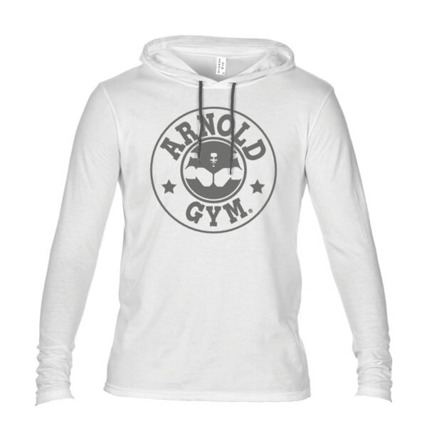 Arnold Gym bodybuilding fashion long sleeve hooded white t-shirt with grey logo on chest