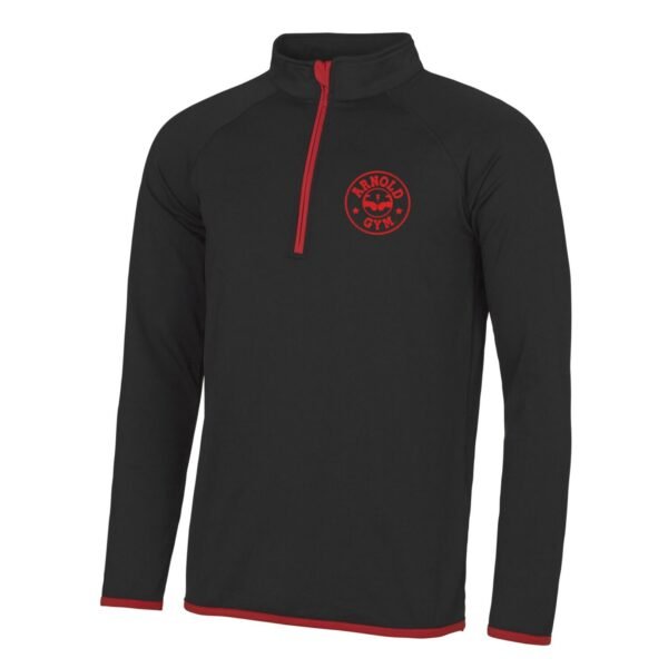 Arnold Gym Men's Muscle Fit 1/2 Zip Training Top in black with red contrast details and stand-up collar