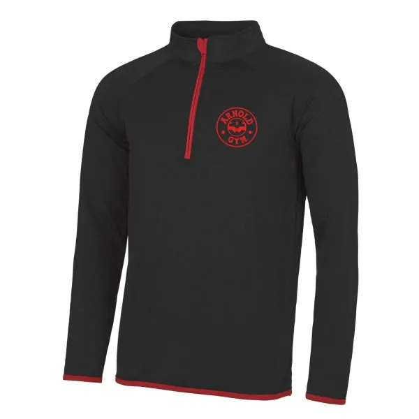 0000412 arnold gym 12 zip long sleeve tech gym workout black red sweatshirt top