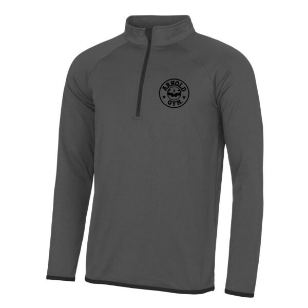 Arnold Gym Men's Muscle Fit 1/2 Zip Training Top in charcoal grey with black logo on left chest- arnold gym 1/2 zip long sleeve tech gym workout charcoal black sweatshirt top