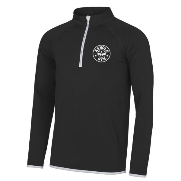 Arnold Gym Men's Muscle Fit 1/2 Zip Training Top in black with white contrast details and stand-up collar