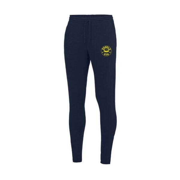 Navy men's athletic fitness joggers with ankle zippers and Arnold Gym logo