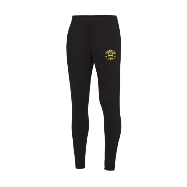 Black men's athletic fitness joggers with ankle zippers and Arnold Gym logo