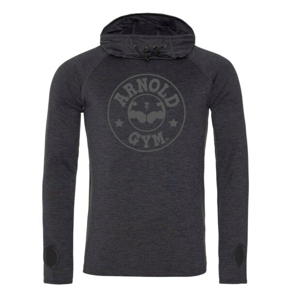 Arnold Gym Men's Athletic Fit Cowl Neck Training Hoodie in Black Melange with thumb holes and reflective hood details