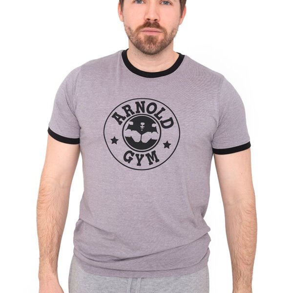 Arnold Gym Retro Bodybuilding Workout T-Shirt in grey with contrast ringer neck and cuffs