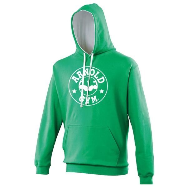 Arnold Gym Classic Bodybuilding Training Hoodie in emerald green with contrast white hood lining and large white logo print