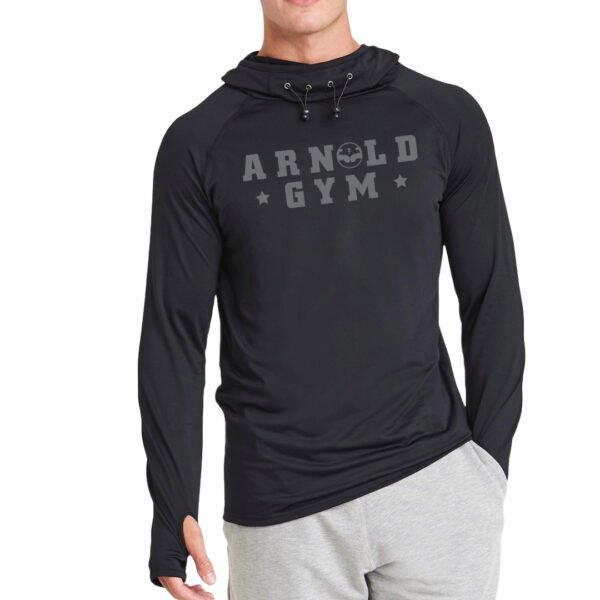 Arnold Gym Men's Athletic Training Hoodie in black featuring cowl neck design, thumb holes, and printed logo on chest