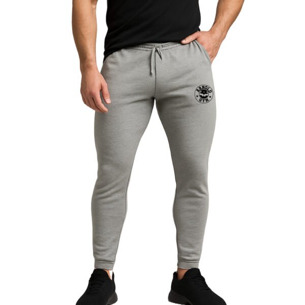 Grey men's athletic fitness joggers with ankle zippers and Arnold Gym logo
