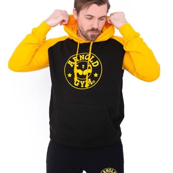 Old School Gym Hoodie black and yellow contrast raglan sleeves for bodybuilding