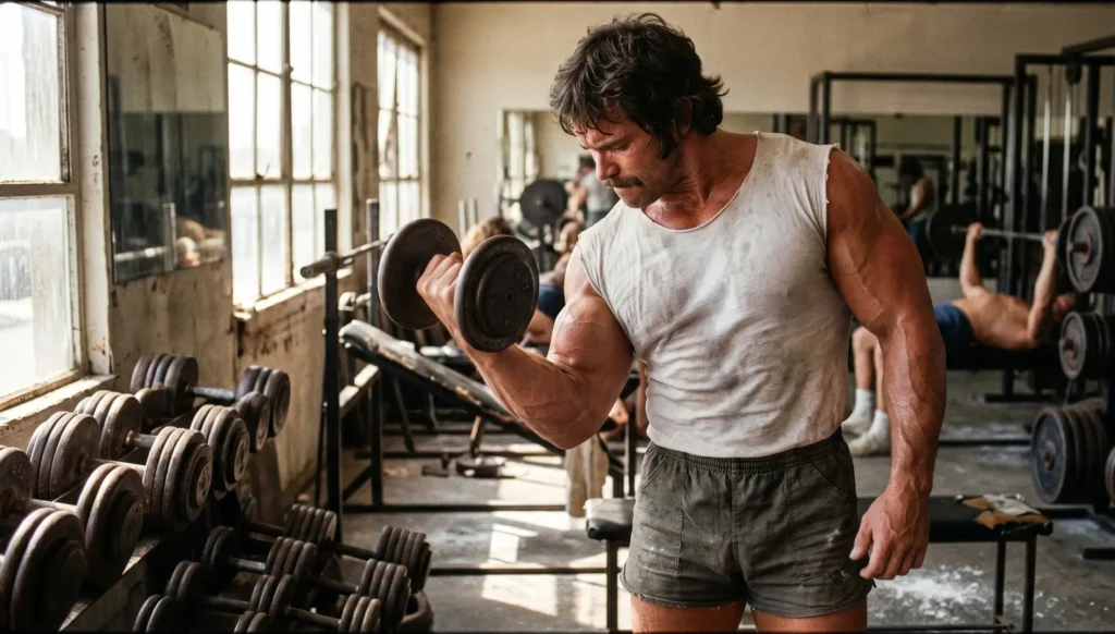 A powerful, vintage-style photograph of a deeply muscular bodybuilder performing a barbell bicep curl in a sun-drenched, retro-style weight room, capturing the dedication, strength, and classic physique aesthetic of the Golden Era of bodybuilding.
