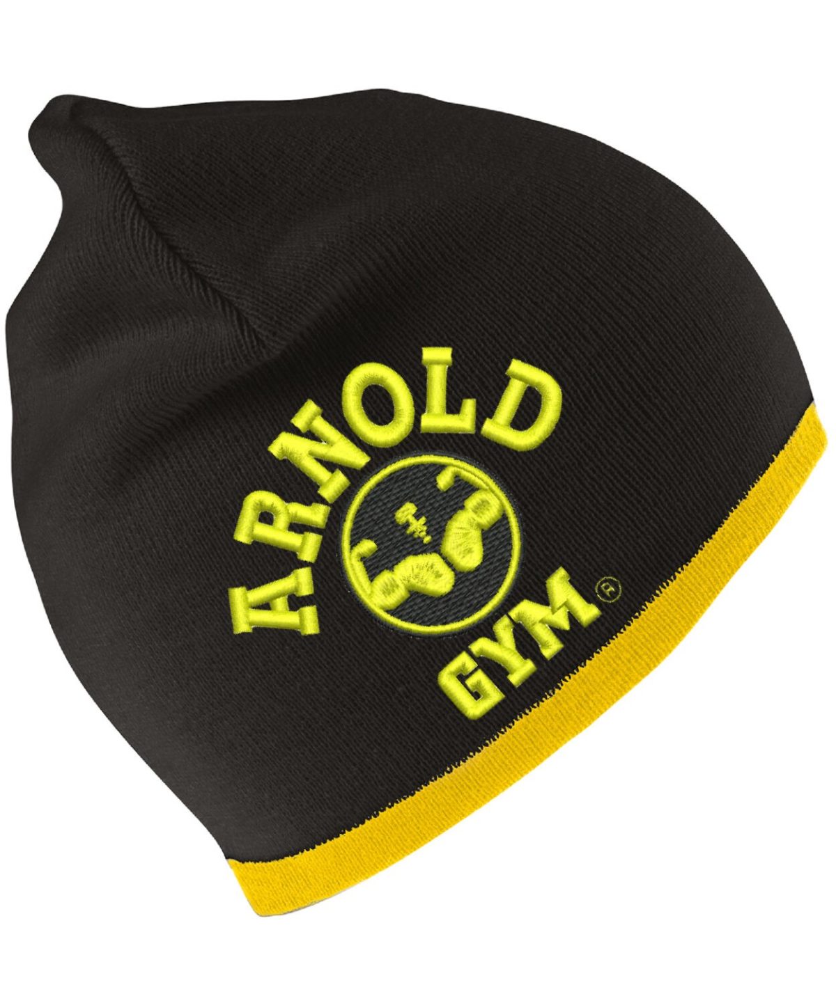 arnold gym beanie hat yellow embroidery black cap