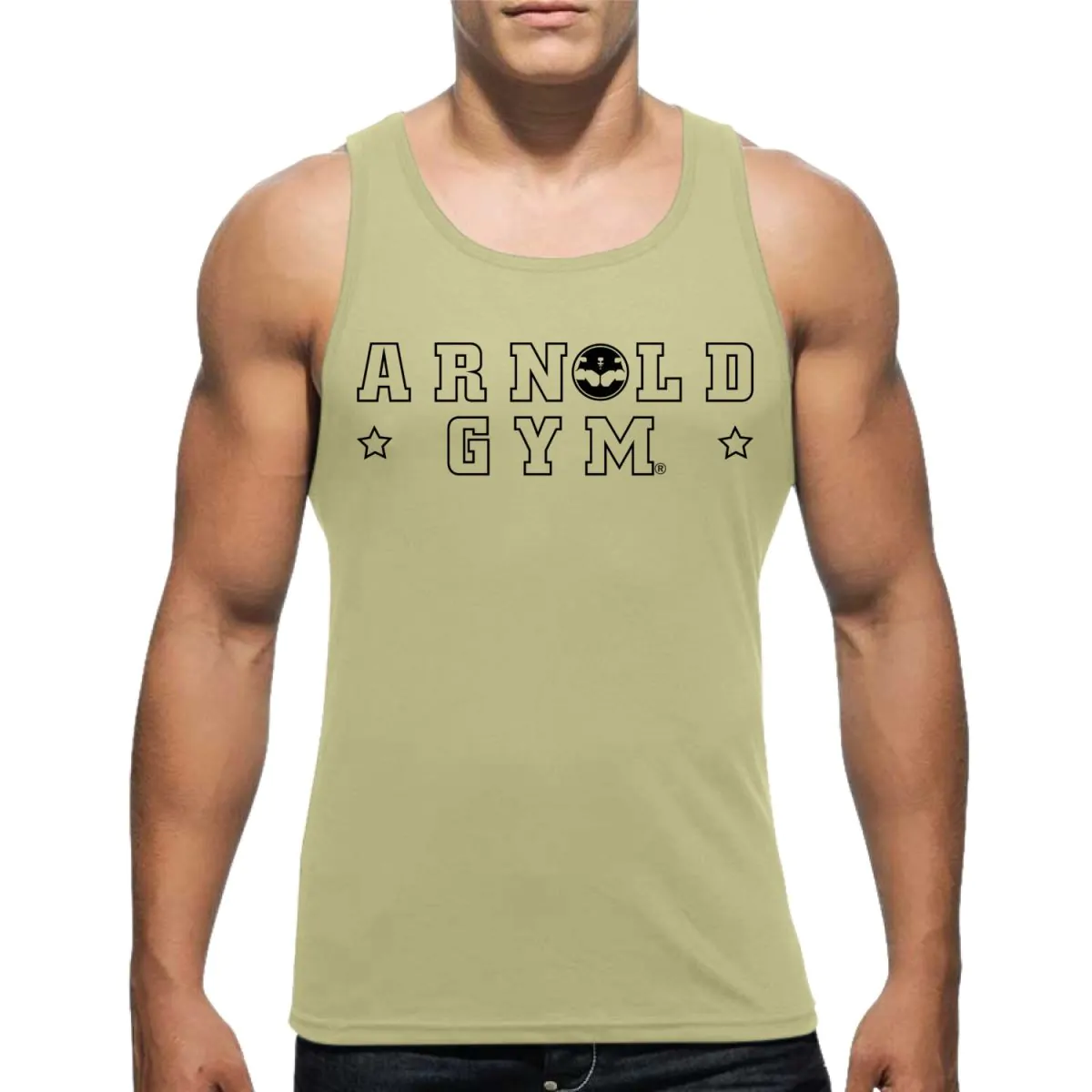 arnold gym dry fit top basic muscle cut in desert sand green