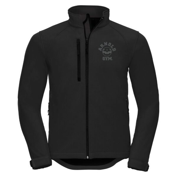 Arnold Gym Brave men's technical fitness jacket in black, featuring a water-resistant softshell, zipped pockets, and a sleek grey print logo on the chest.
