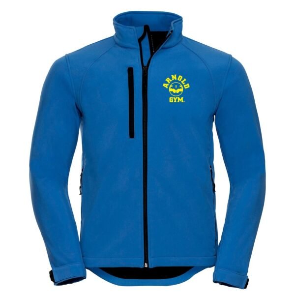 Here are a few excellent, SEO-optimized English alt text options for the updated jacket image, keeping the new "yellow print" detail front and centre: Option 1: SEO & E-commerce Focused (Best Choice) 🏆 "Arnold Gym Brave men's technical fitness jacket in blue, featuring a water-resistant softshell, zipped pockets, and a striking yellow print logo on the chest.