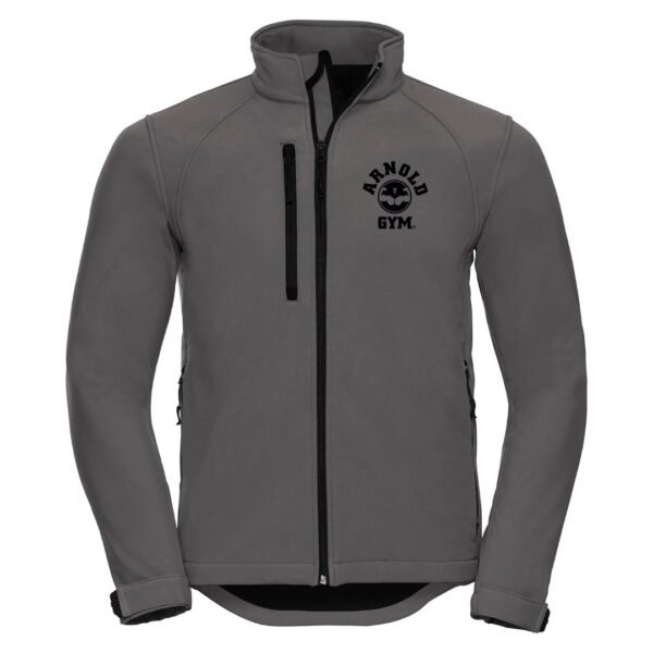 Arnold Gym Brave men's technical fitness jacket in Fossil Gray, featuring a water-resistant softshell, zipped pockets, and a black print logo on the chest.