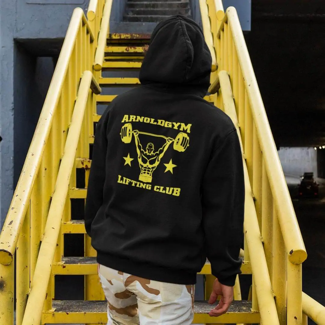 5 Powerful Men's Gym Clothes for Guys Who Lift Weights 2 Arnold Gym Lift Club Zip Hoodie-Black-Back