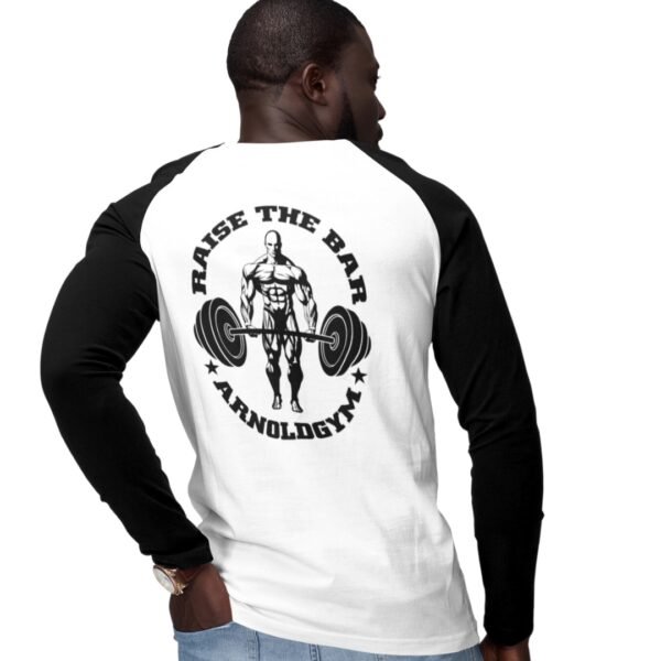 Men’s Long Sleeve Workout T-Shirt - Raise the bar - Arnold Gym raglan top