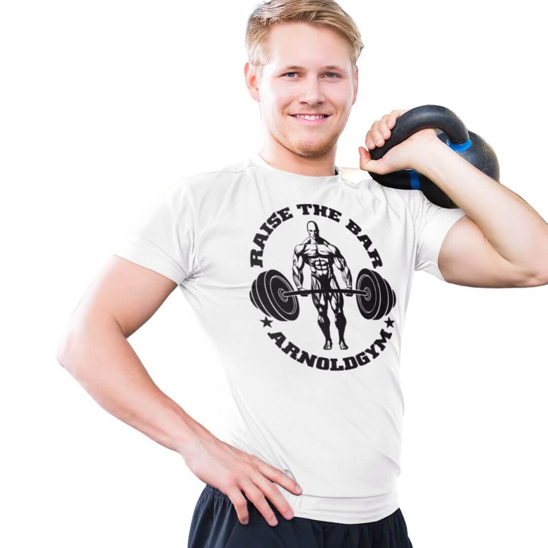 Raise The Bar white t-shirt-arnold gym mode