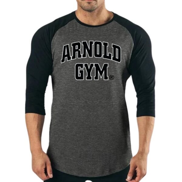 Arnold's 3/4 sleeve gym t-shirt - bold series- athletic t-shirts-arnold gym classic logo-long sleeve gym t-shirts-grey_black-2