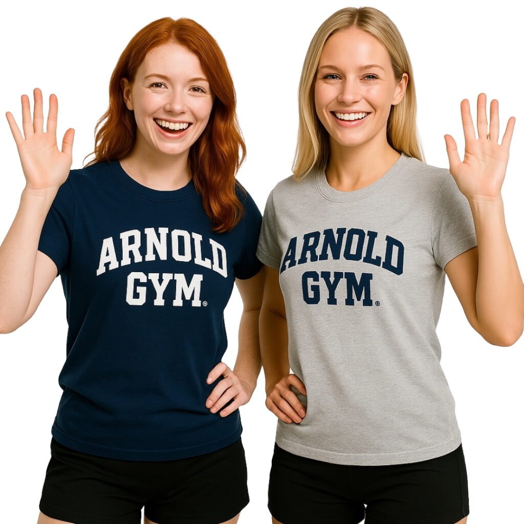 gym t-shirt for women- chloe and anna wears arnold gym fitness t-shirt-says hello