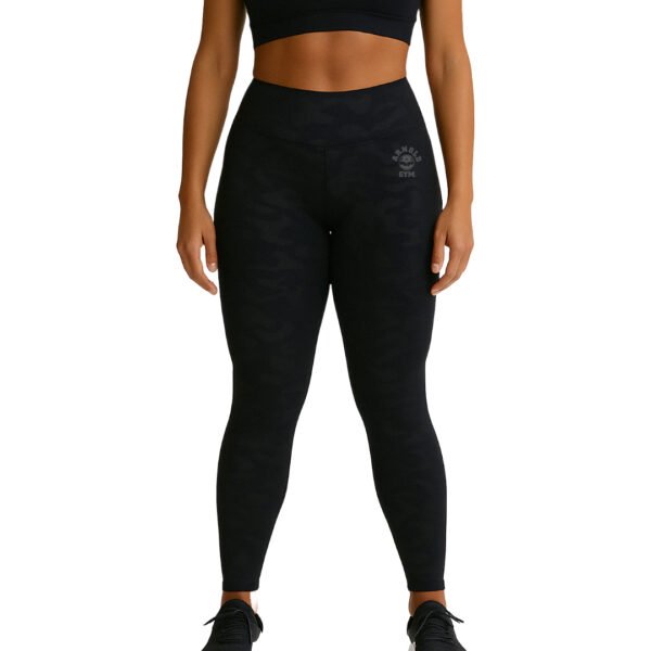 women’s camo gym leggings – Stealth Black-front-mock up