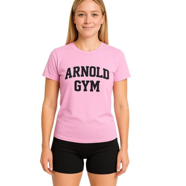 omen's Pink Fitness T-shirt with Black Arnold Gym Logo - Bold Series-women's pink fitness t-shirt-arnold gym-bold series-mockups