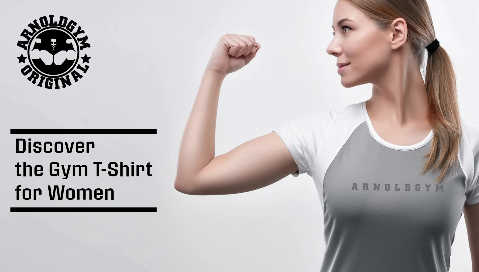 gym t-shirt for women.Athletic woman wearing Arnold Gym Bold Series t-shirt, performing a workout in breathable, slim-fit gymwear designed for women.