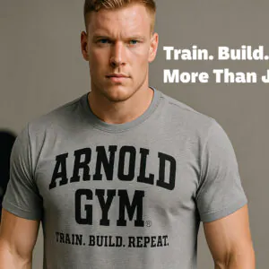 bodybuilding t-shirts-Blond athletic male model wearing a motivational bodybuilding t-shirt that says Train. Build. Repeat. – Arnold Gym collection