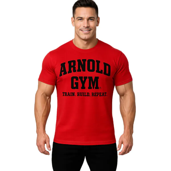 bodybuilding t-shirt -Muscular man wearing a red Arnold Gym bodybuilding T-shirt with the slogan Train. Build. Repeat.