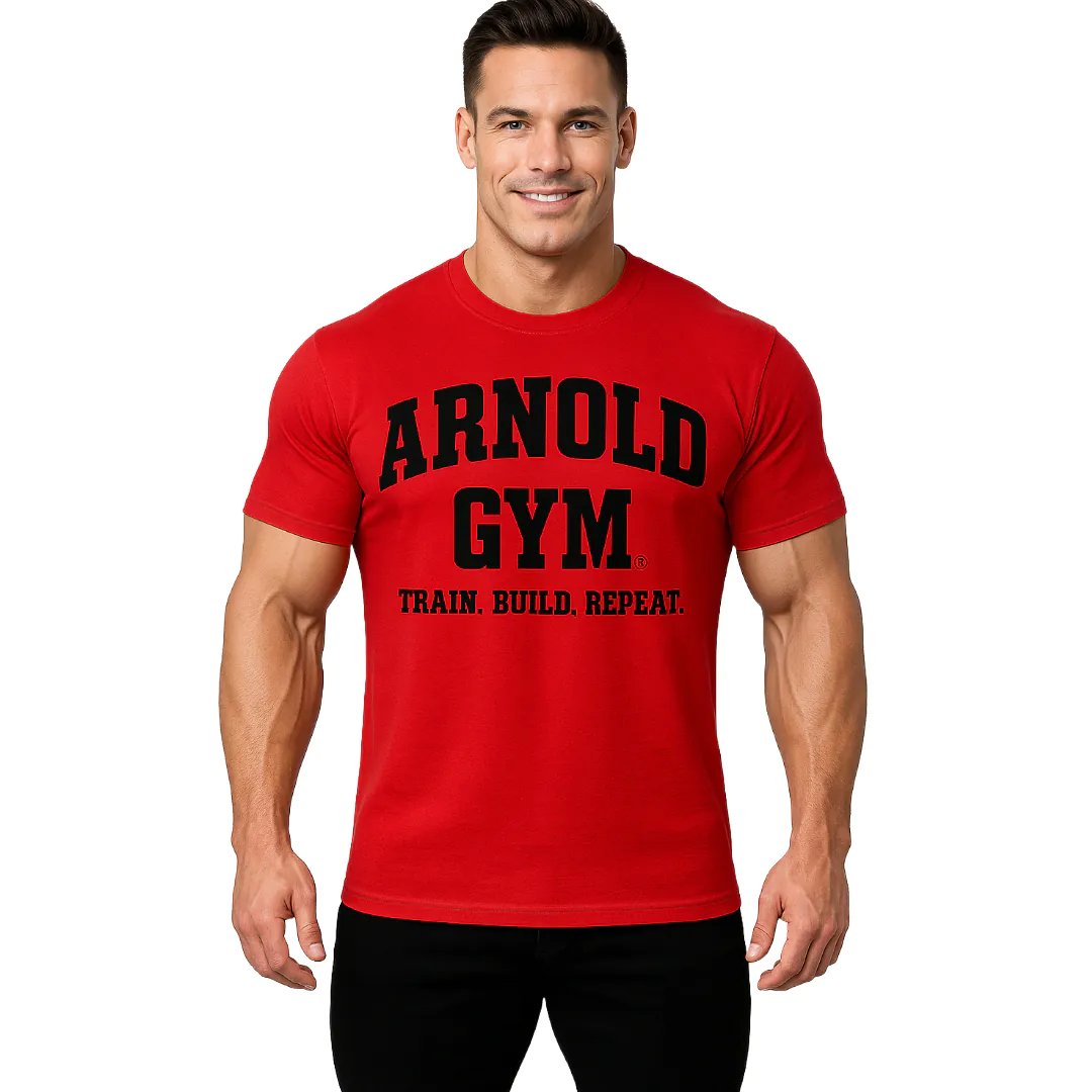 bodybuilding t-shirts -Muscular man wearing a red Arnold Gym bodybuilding T-shirt with the slogan Train. Build. Repeat.