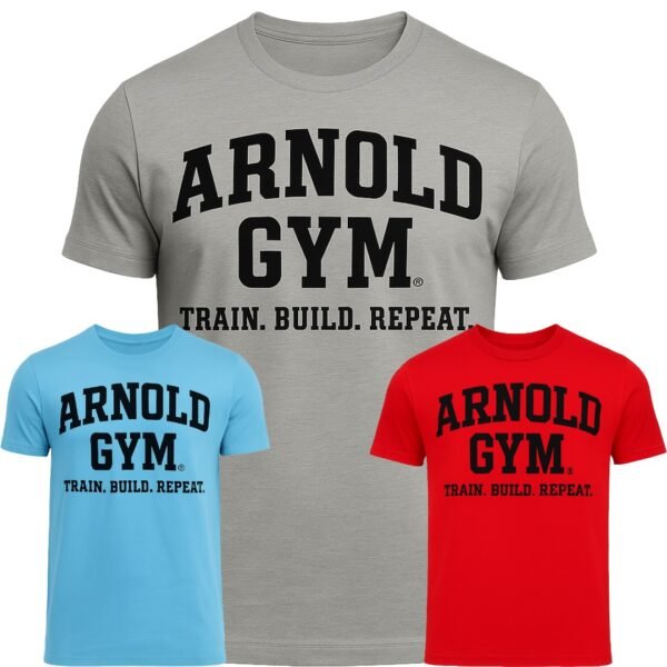 Arnold Gym Men's Training T-shirt Bundle 3 Pack Grey Blue Red Train Build Repeat