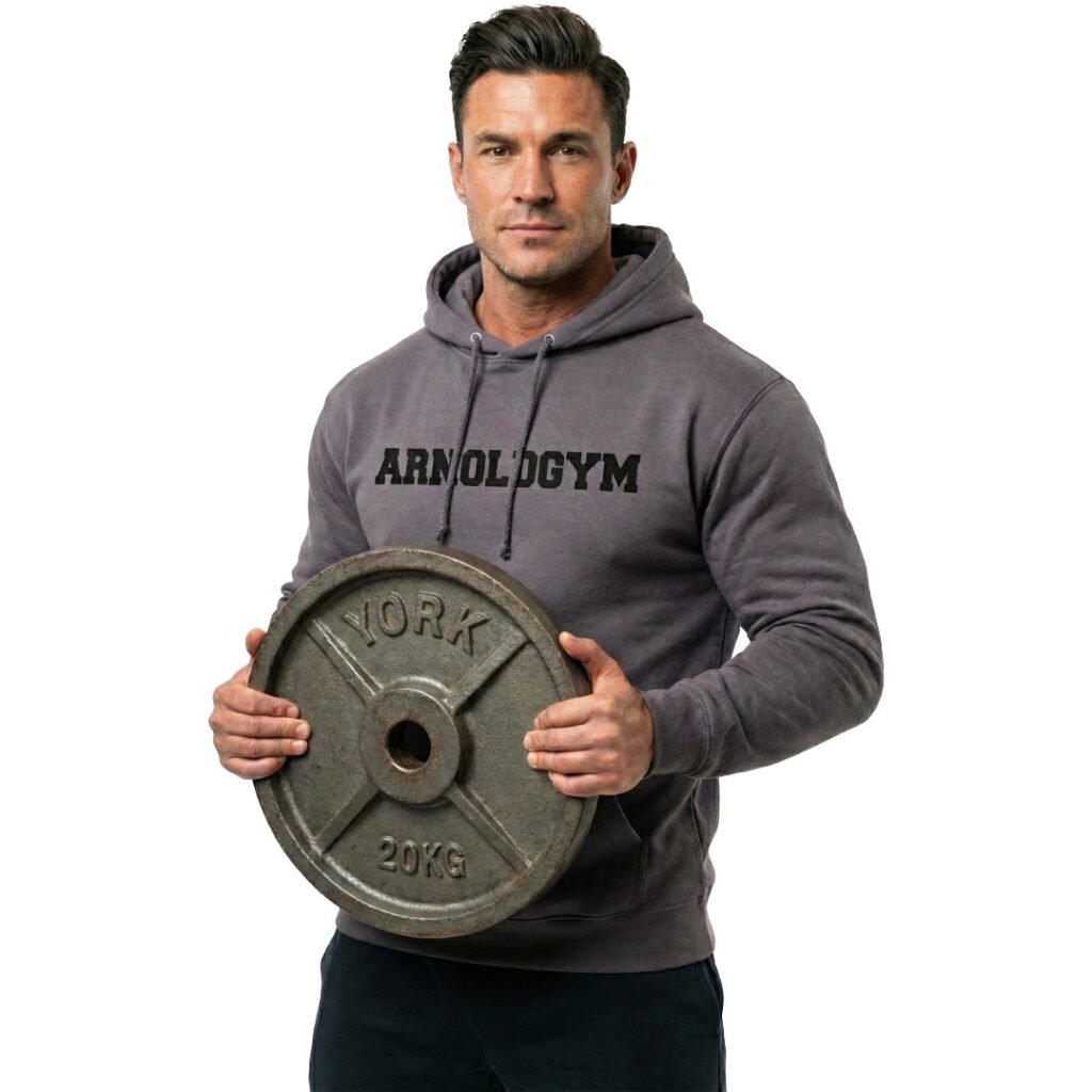 Signature Steel Grey Hoodie - Athlete holding weight plate, Arnold Gym training gear.