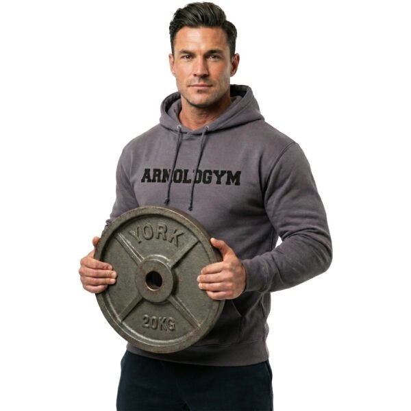 Signature Steel Grey Hoodie - Athlete holding weight plate, Arnold Gym training gear.