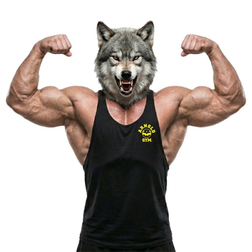 Arnold Gym Black Wolfpack Stringer Vest worn by a bodybuilder in a wolf mask performing a front double biceps vacuum pose.