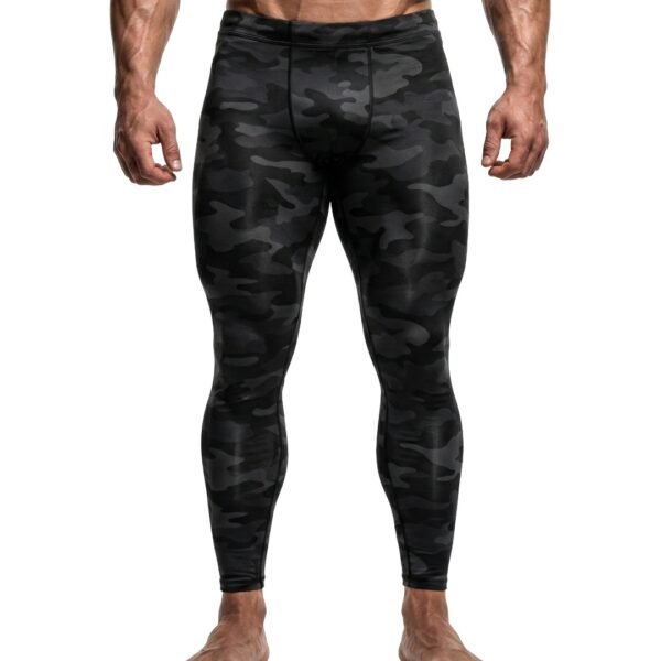Front view of muscular bodybuilder with defined quads wearing Arnold Gym Men's Camo Compression Training Leggings in black camouflage pattern