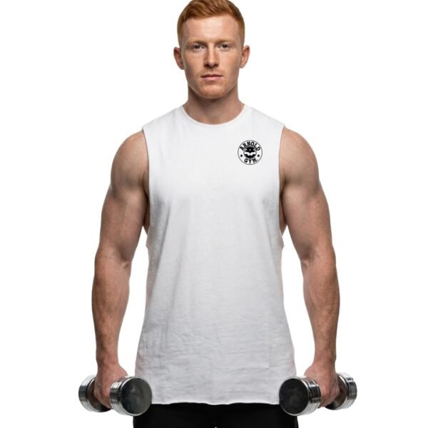 Bodybuilder holding dumbbells wearing a white Men's Arnold Gym Sleeveless Top with deep raw edge slash armholes and black logo.