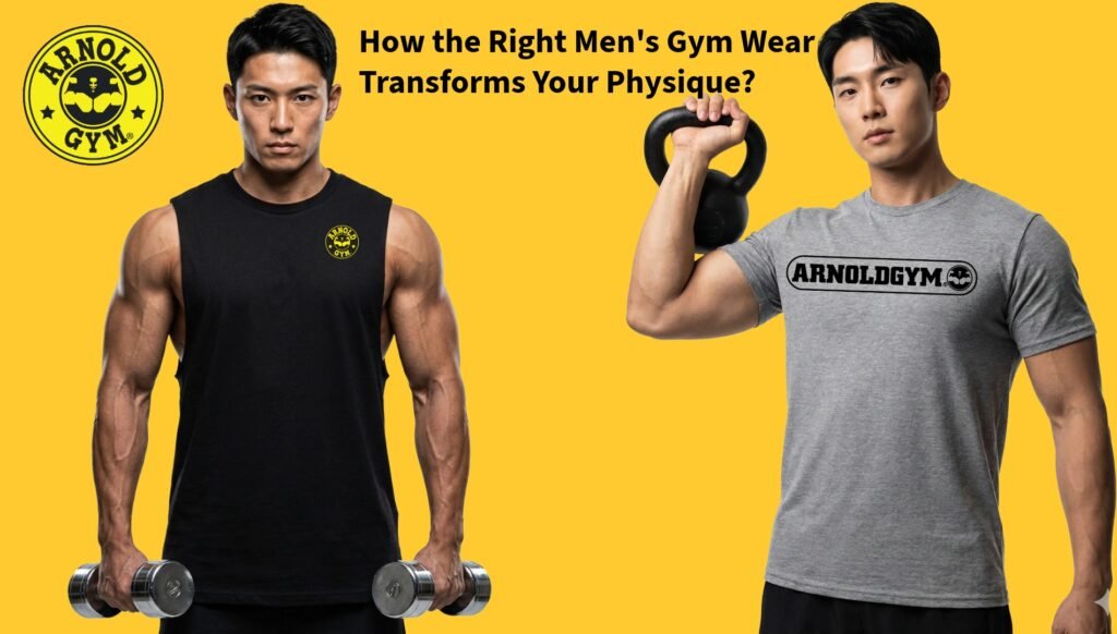 Two muscular men demonstrating how the right men's gym wear transforms your physique, wearing an Arnold Gym black sleeveless shirt and a grey muscle fit t-shirt while holding weights