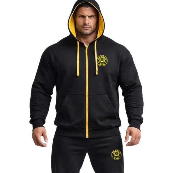 Arnold Gym Splendid Black and Gold Training Hoodie - Bodybuilder wearing heavyweight zip-up with gold embroidered logo