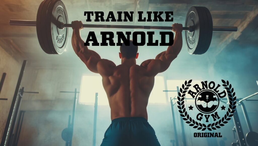Train Like Arnold: Muscular bodybuilder performing a heavy overhead barbell press in an old-school gym setting, representing the Arnold Gym Original Golden Era guide.