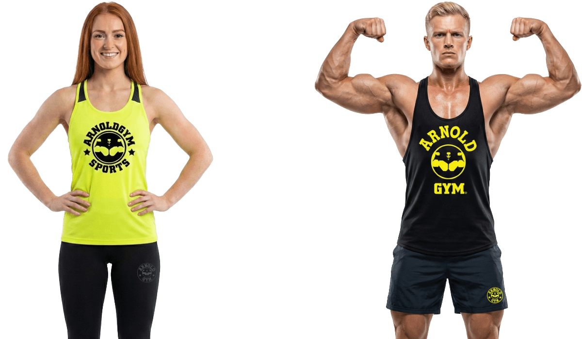 Arnold Gym Performance Wear: Male and Female Fitness Models wearing Premium Athletic Tank Tops and Shorts - New Era Collection