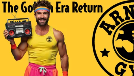 A fitness model smiling and holding a vintage boombox, wearing a yellow Arnold Gym tank top and colourful retro men's gym shorts representing the Golden Era return.